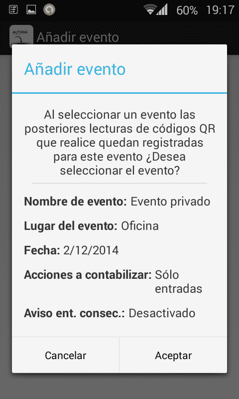 Aplicación móvil control acceso QR - Configuración evento