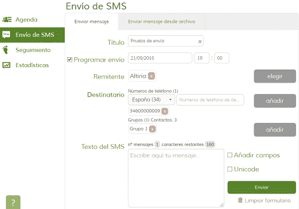 Formulario para envío programado de SMS