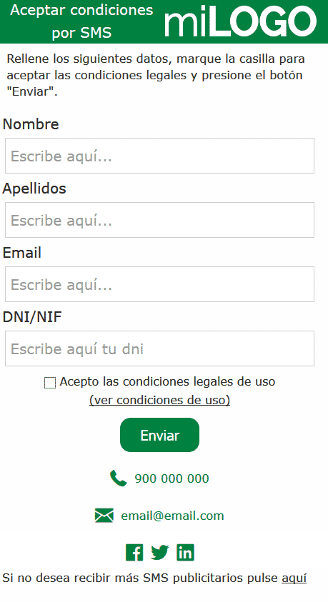 Aceptación de condiciones legales por SMS