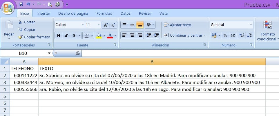 Excel recordatorio de citas