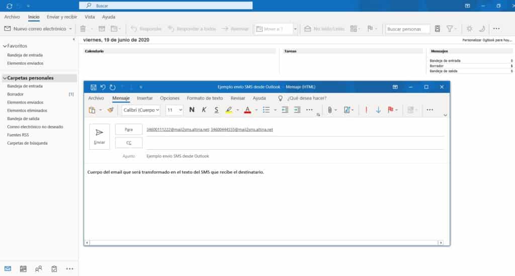 Enviar SMS desde Outlook. Formato del mensaje