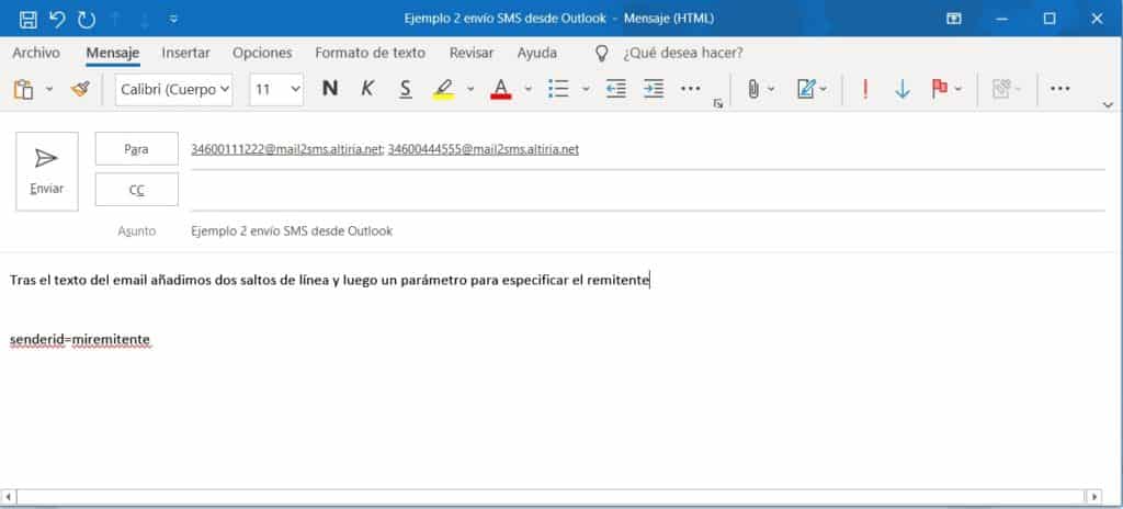 Enviar SMS desde Outlook. Remitente del mensaje