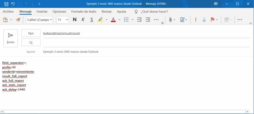 Enviar SMS bulk desde Outllook. Ejemplo de envio con fichero