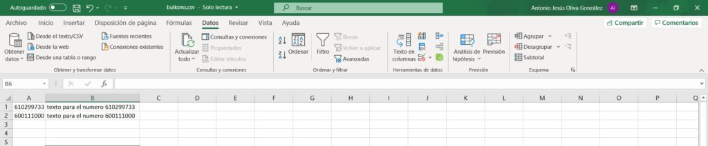 Ejemplo Excel Mail2SMS masivo bulk