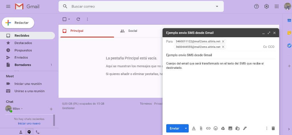 SMS desde Gmail. Composición de un correo simple