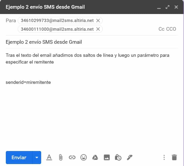 SMS desde Gmail - Composición de un correo electrónico con remitente