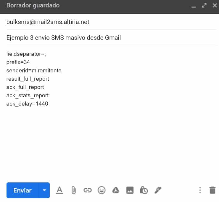 SMS desde Gmail. Parámetros avanzados del envío con fichero