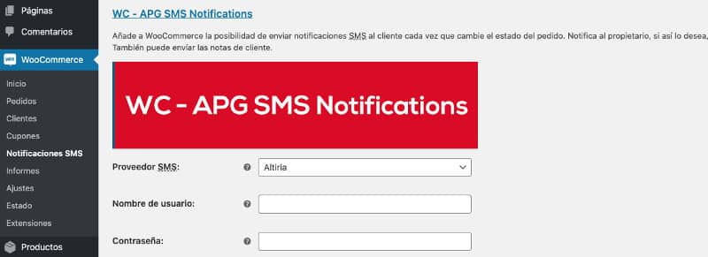 Woocommerce SMS. Nuevo menu y configuración Altiria