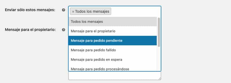 WooCommerce SMS. Selecciona mensajes a enviar