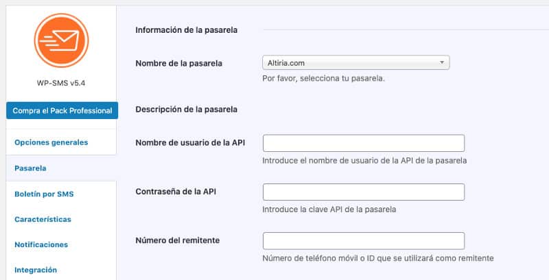 Wordpress SMS. Configurar altiria como proveedor