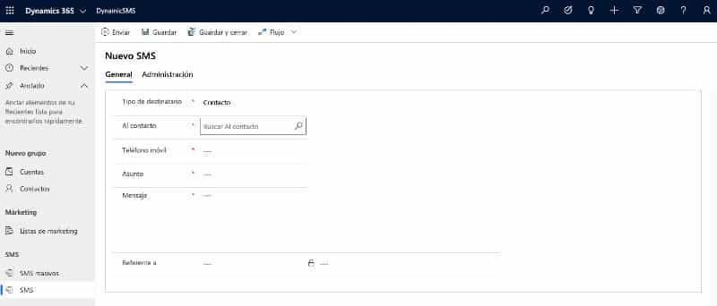 Formulario envio SMS individual en Microsoft Dynamics 