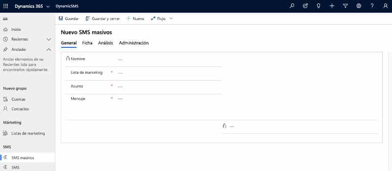 Formulario envío SMS masivos en Microsoft Dynamics