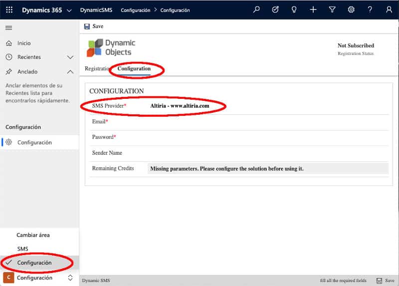 Configuración Microsoft Dynamics SMS